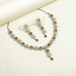 Diamond-Cuts Floral Necklace Set/Ex-1-H20607-4-1820-Red